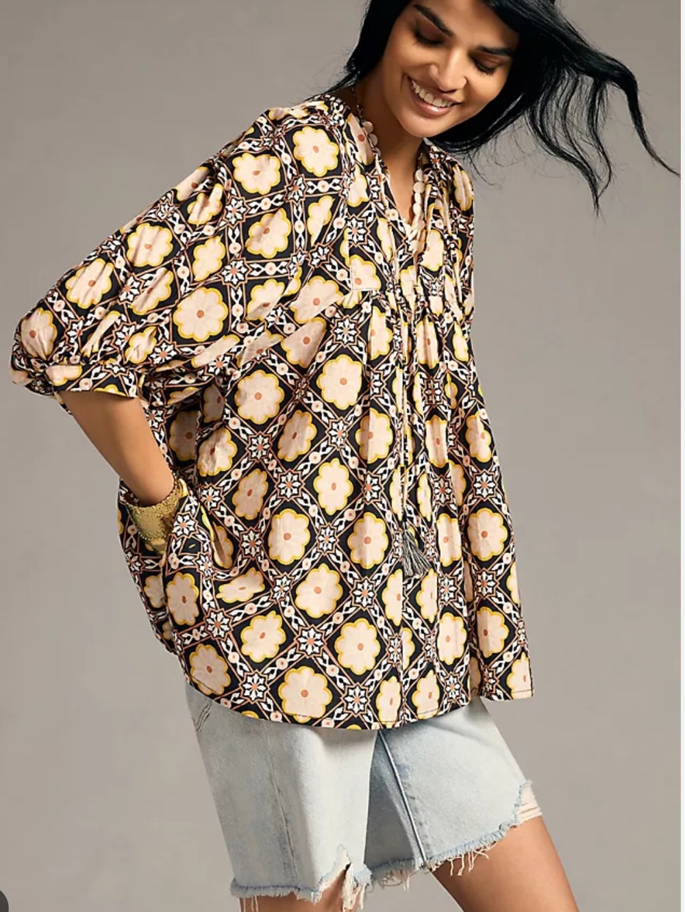 Mille x Anthropologie Thalia Peasant Top Floral Boho Blouse L